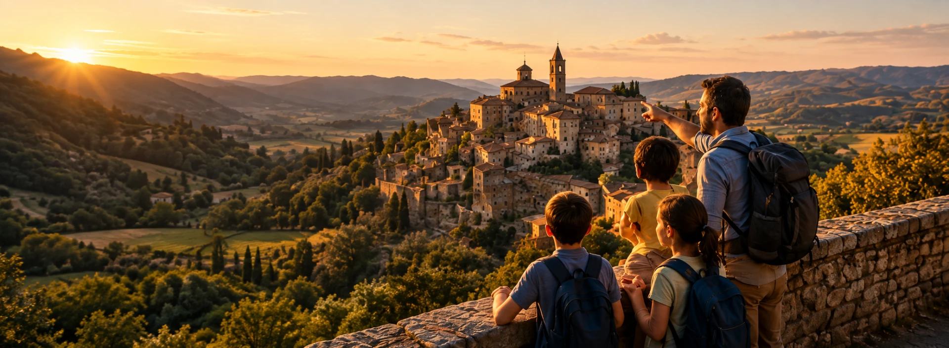 Famiglia in viaggio davanti a un borgo italiano al tramonto